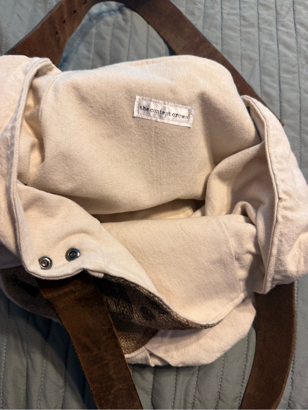 Canvas and Burlap Shoulder Bag with Leather Straps - Natural Brown - Picture 3 of 6